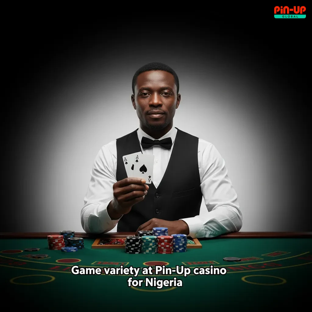 Pin-Up Nigeria game variety banner: slots, crash, table games, jackpots, instant wins, video poker; play in naira.