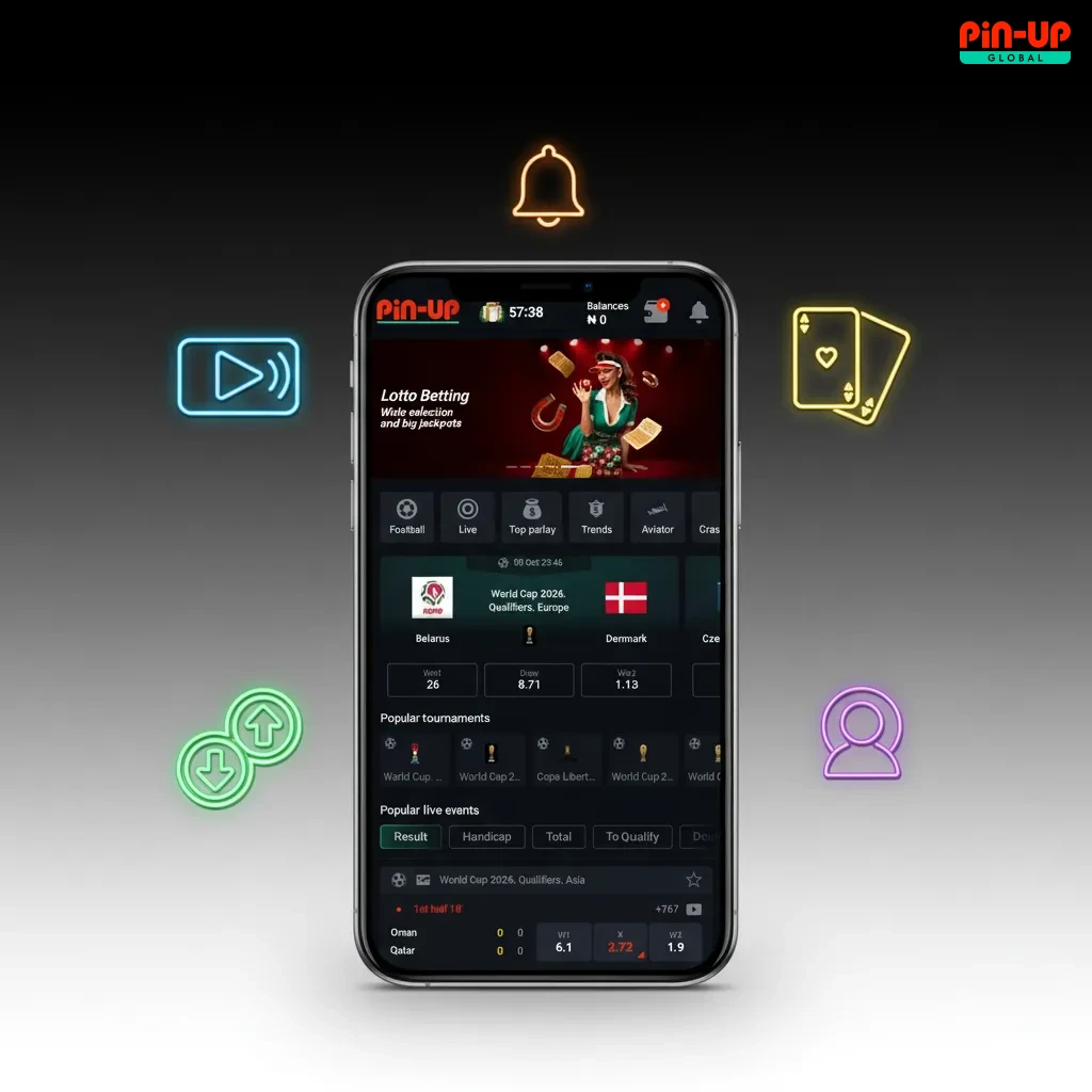 Pin-Up app screens showing live odds, bet builder, cash out, casino games, NGN deposits/withdrawals, and match alerts.