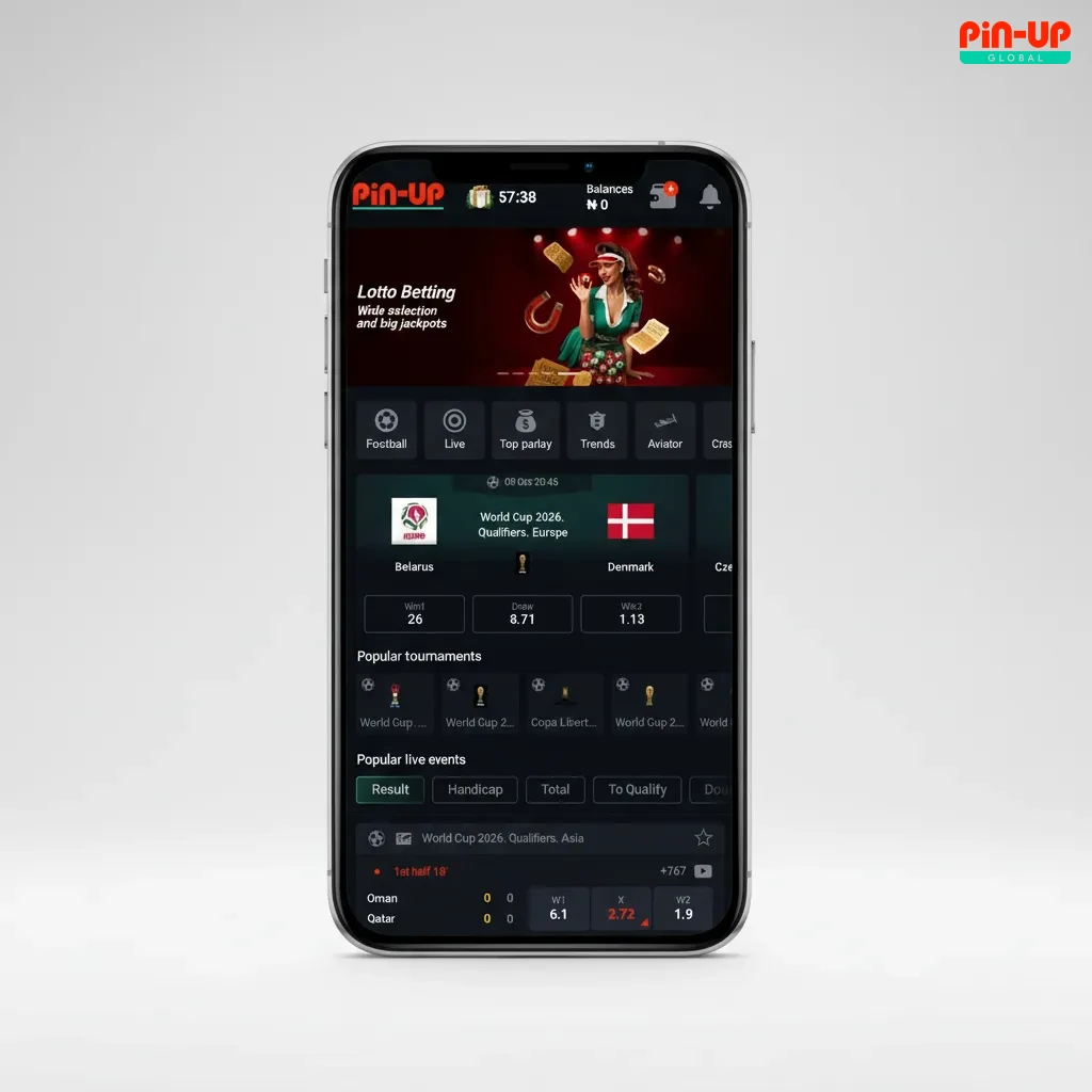 Pin-Up mobile app interface with dark theme, large odds buttons, and tabs for Sports, Live, Casino, Profile for fast betting